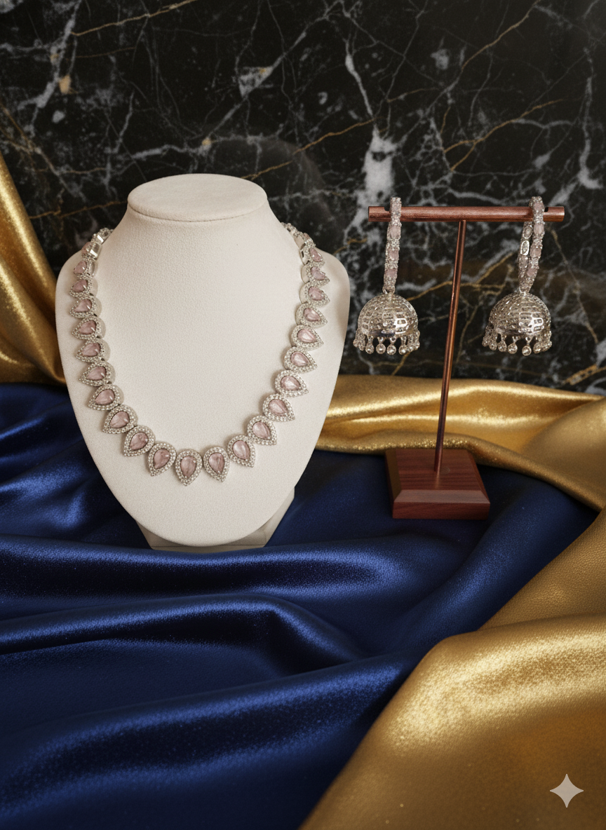 Pink CZ Crystal Teardrop Choker & Antique Jhumki Earring Set